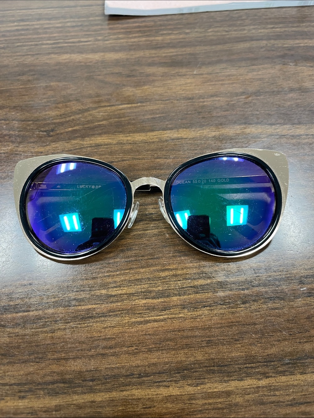 Lucky Brand Gold Metal Round Sunglasses with Blue-Green Mirrored Lenses
